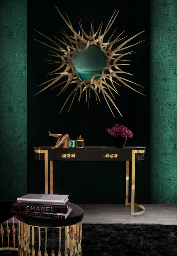 Luxe home interior with KOKET black and gold furniture, the Orchidea Console and Mandy Stool.