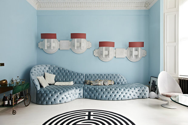 This blue and white interior is a funky mix of textures and shapes.